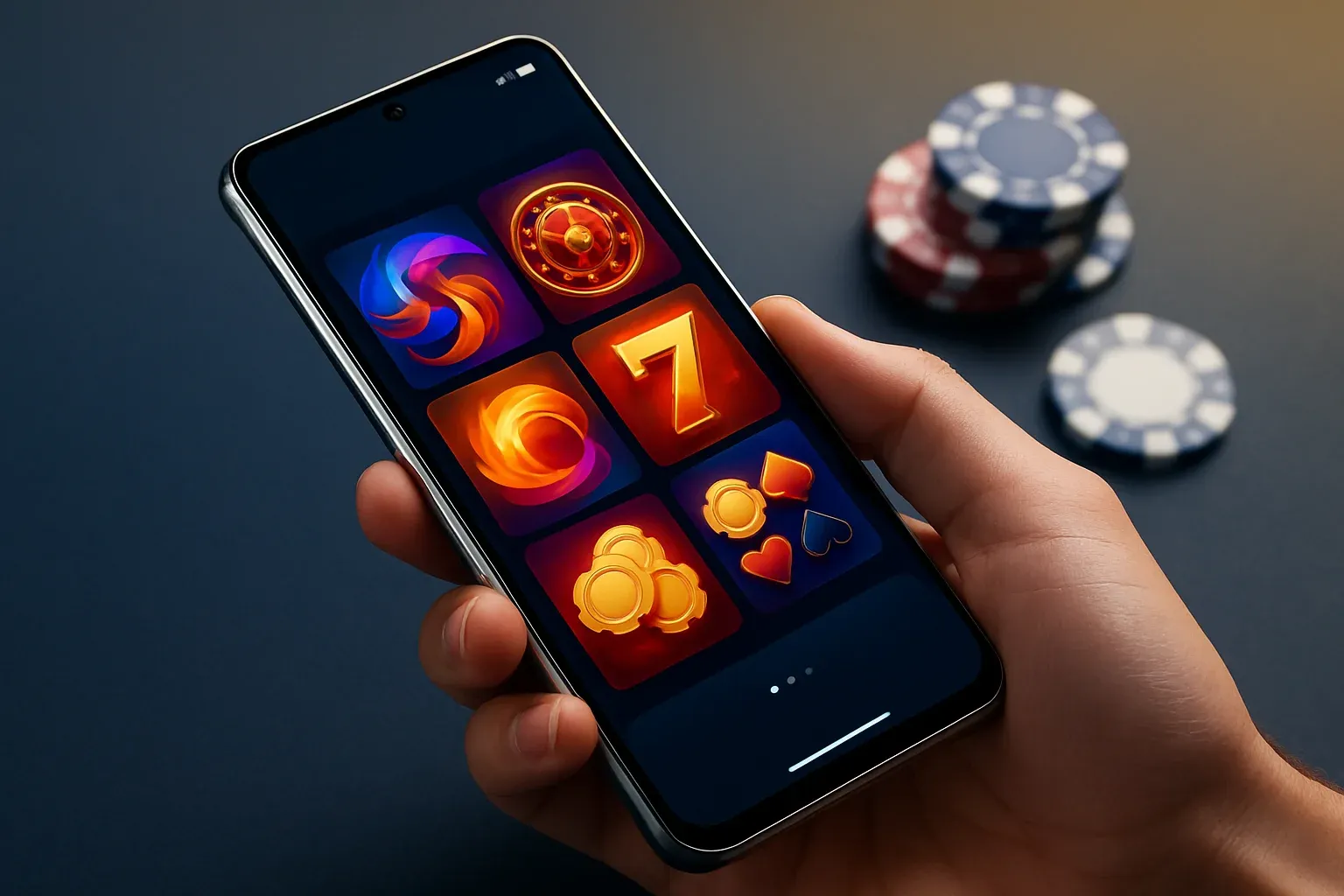 Hyperrealistic flagship Android phone showing vivid casino app interface, studio lighting