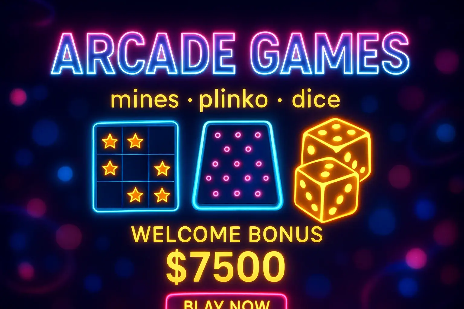 Neon arcade games banner with mines, plinko, dice and Philippines bonus CTA