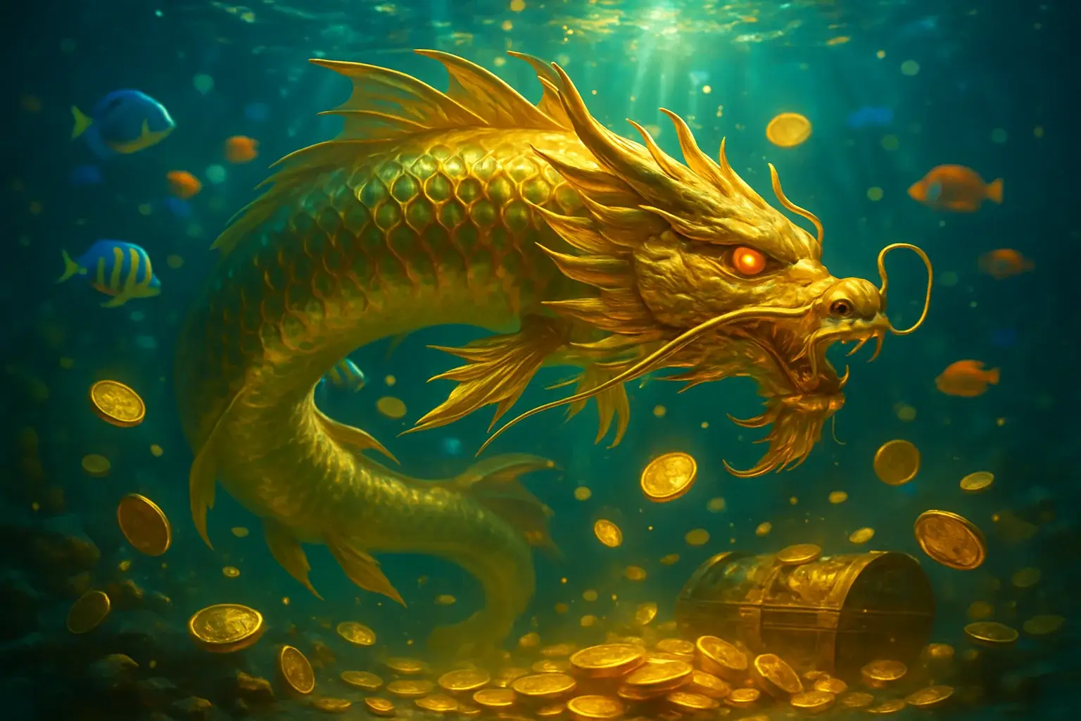 Hyperrealistic underwater golden dragon fish surrounded by glowing coins and treasure