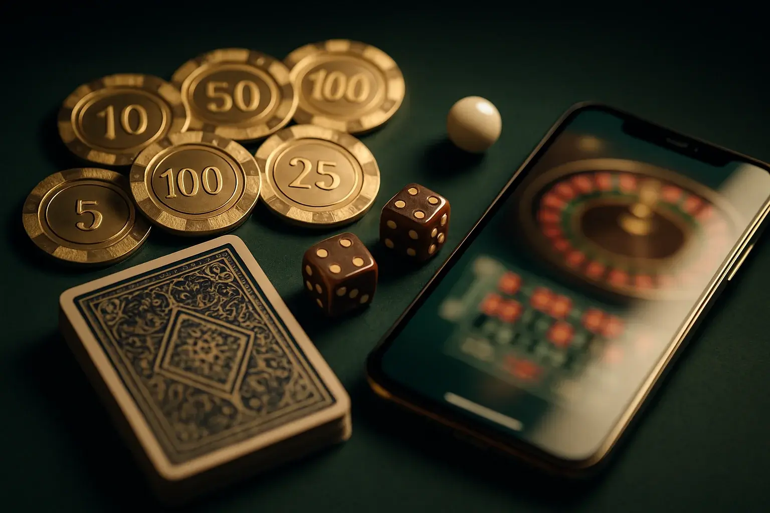 Top-down casino table with golden chips, cards, dice, roulette ball, smartphone