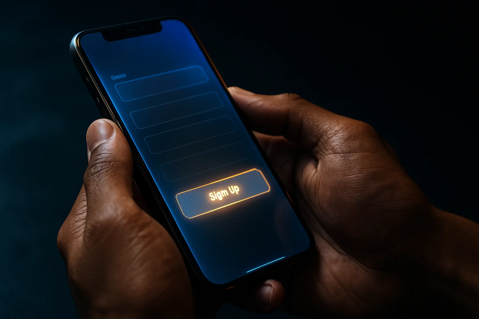Filipino man hands holding smartphone with blurred registration screen, blue gold glow