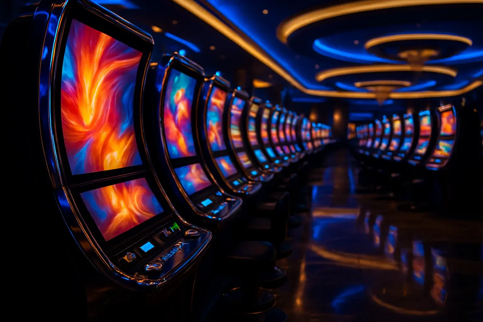 Hyperrealistic wide shot of premium Manila casino slots floor at night