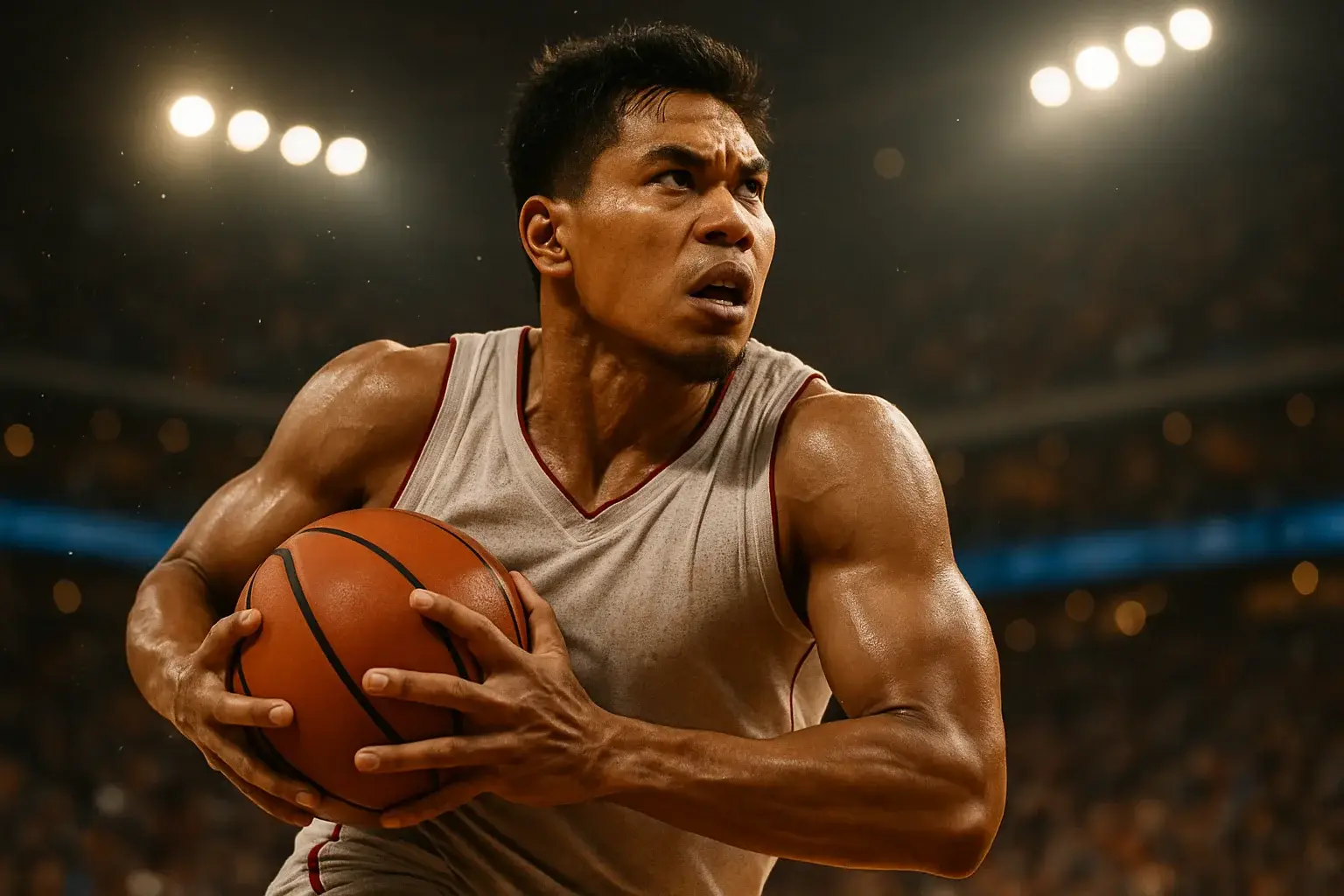 Filipino PBA basketball player mid-air driving to basket, cinematic close-up