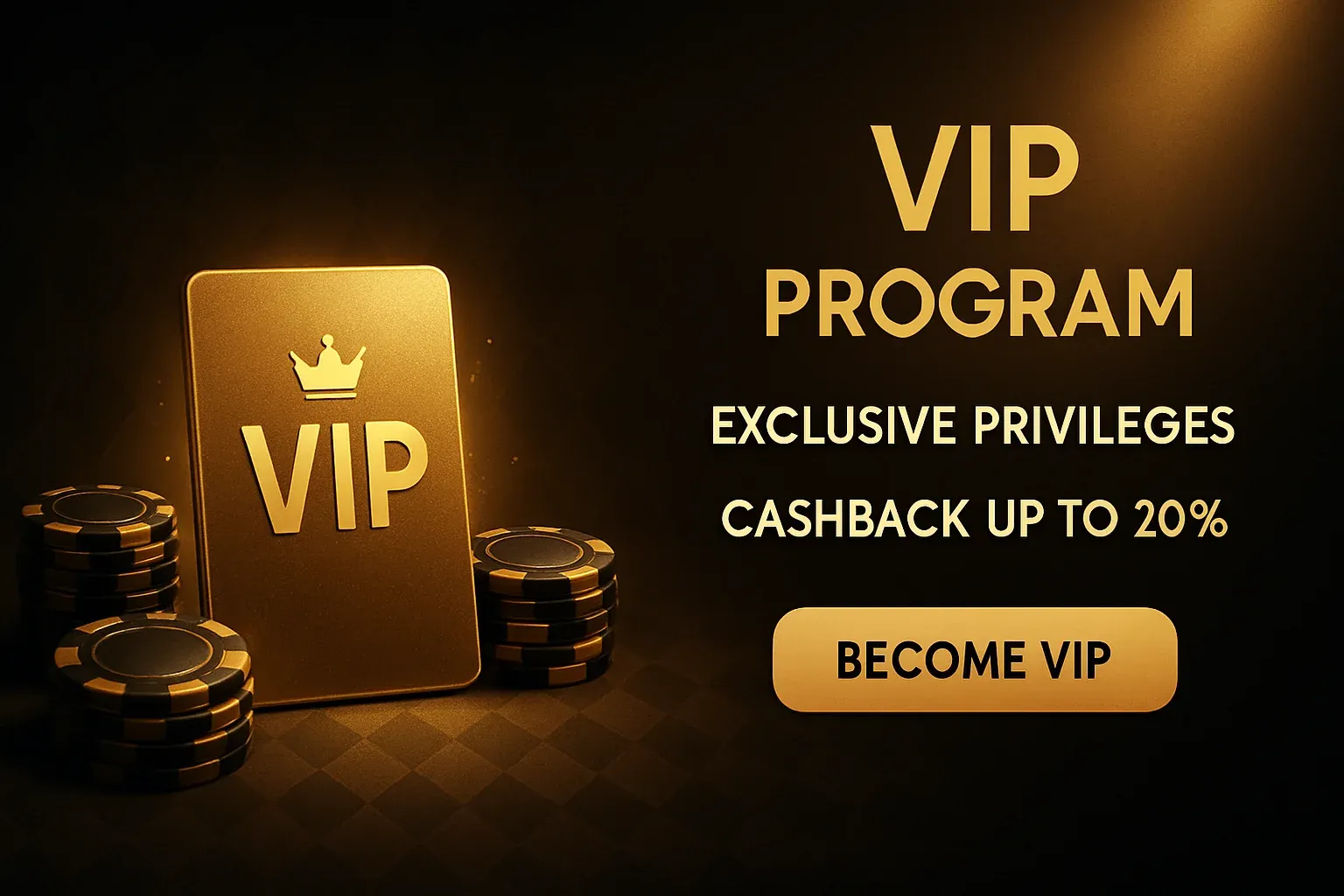 Luxurious black and gold VIP program banner with card, chips, cashback offer